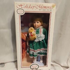 VTG - Holiday Porcelain Doll in Green Dress with Bear - 1991